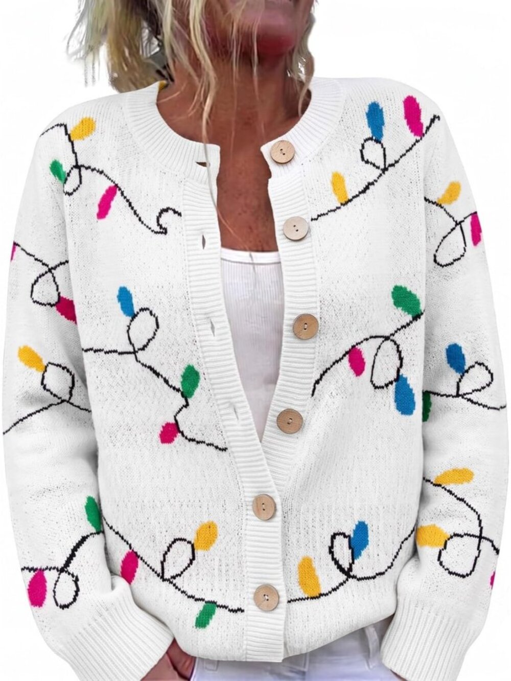 Women’s White Christmas Lights Ugly Holiday Knit Button Cardigan Sweater